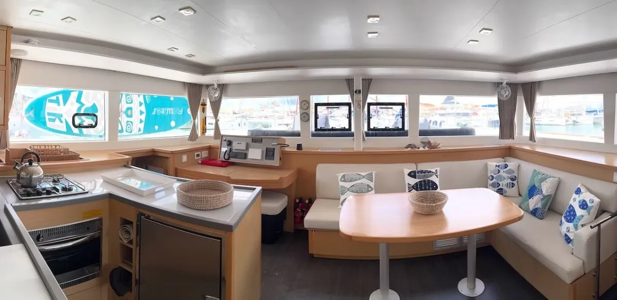Salon of PaSEAon, a Lagoon 450 Fly catamaran at Municipal Unit of Lefkada, Greece