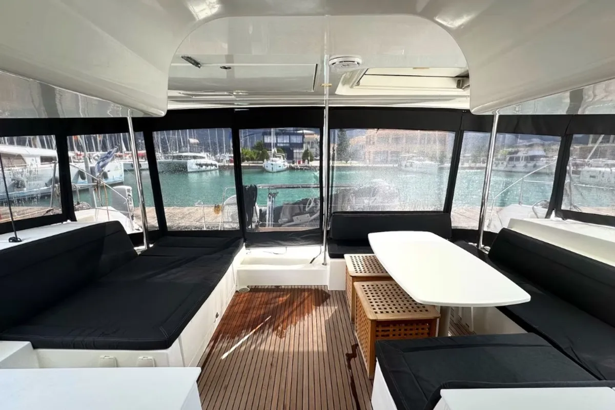 Deck of PaSEAon, a Lagoon 450 Fly catamaran at Municipal Unit of Lefkada, Greece