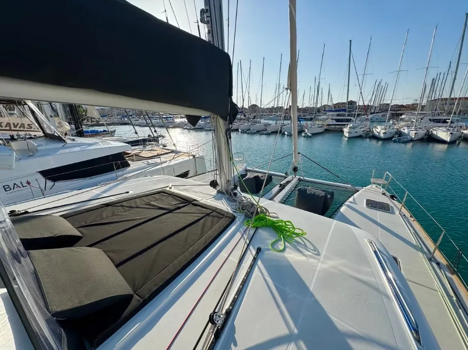 Deck of PaSEAon, a Lagoon 450 Fly catamaran at Municipal Unit of Lefkada, Greece