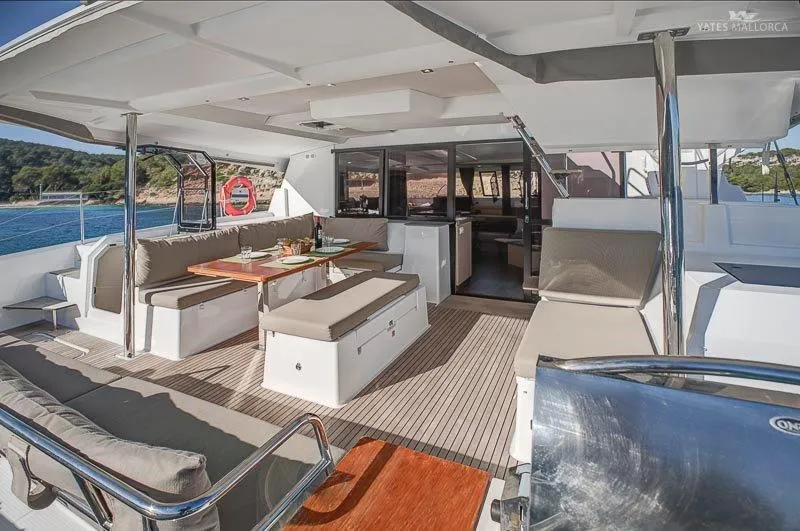 Deck of Aurora 381, a Fountaine Pajot Saona 47 catamaran at es Jonquet, Spain
