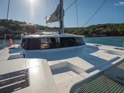 Deck of Aurora 381, a Fountaine Pajot Saona 47 catamaran at es Jonquet, Spain