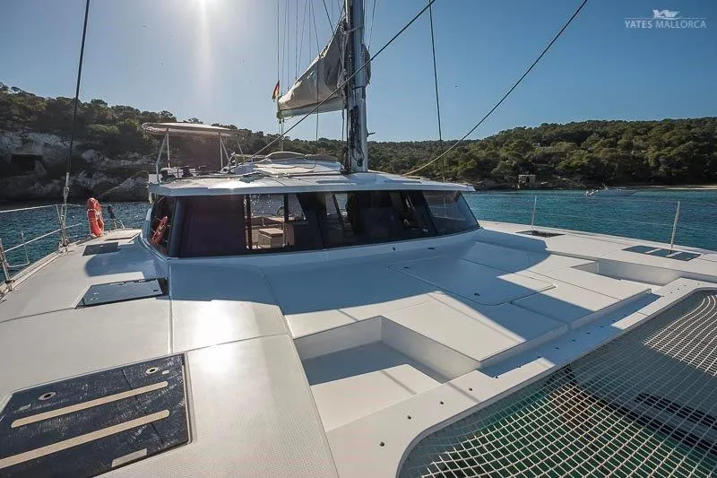 Deck of Aurora 381, a Fountaine Pajot Saona 47 catamaran at es Jonquet, Spain
