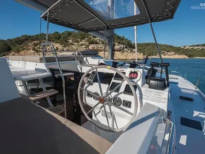 Cockpit of Aurora 381, a Fountaine Pajot Saona 47 catamaran at es Jonquet, Spain