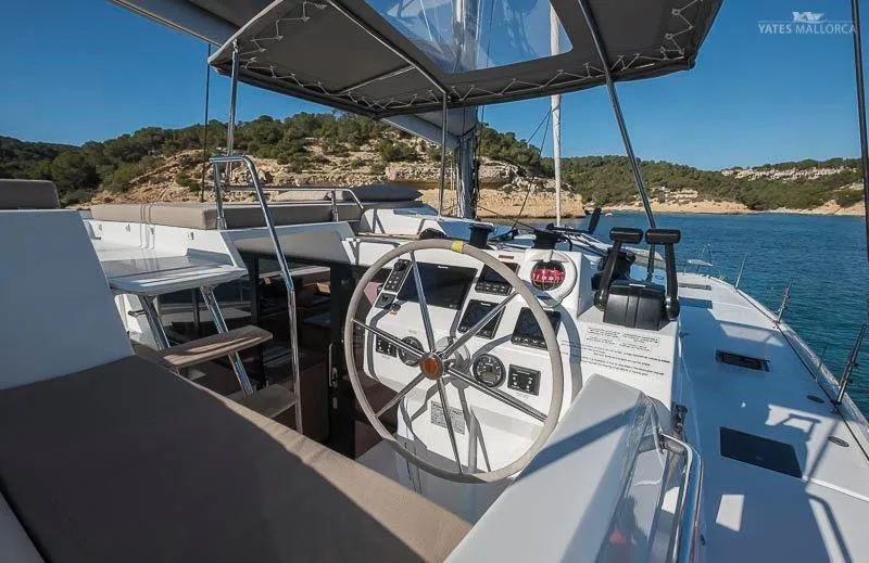 Cockpit of Aurora 381, a Fountaine Pajot Saona 47 catamaran at es Jonquet, Spain
