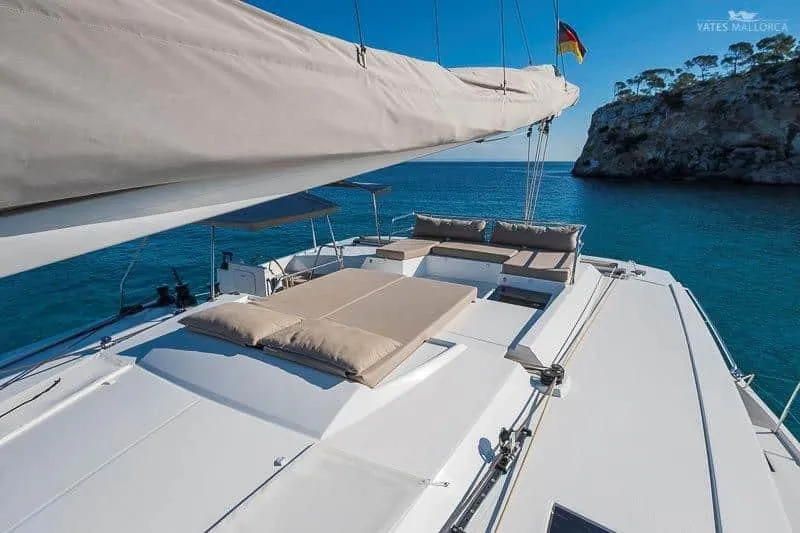 Deck of Aurora 381, a Fountaine Pajot Saona 47 catamaran at es Jonquet, Spain