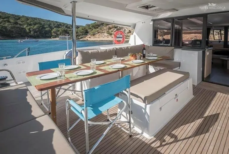 Deck of Aurora 381, a Fountaine Pajot Saona 47 catamaran at es Jonquet, Spain
