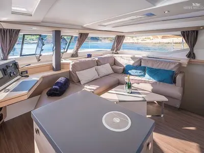 Salon of Aurora 381, a Fountaine Pajot Saona 47 catamaran at es Jonquet, Spain