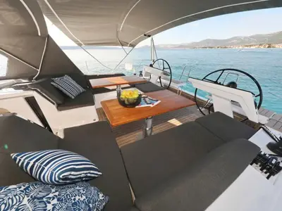 Cockpit of Simply Relax, a Hanse 460 sailboat at Lefkada, Greece