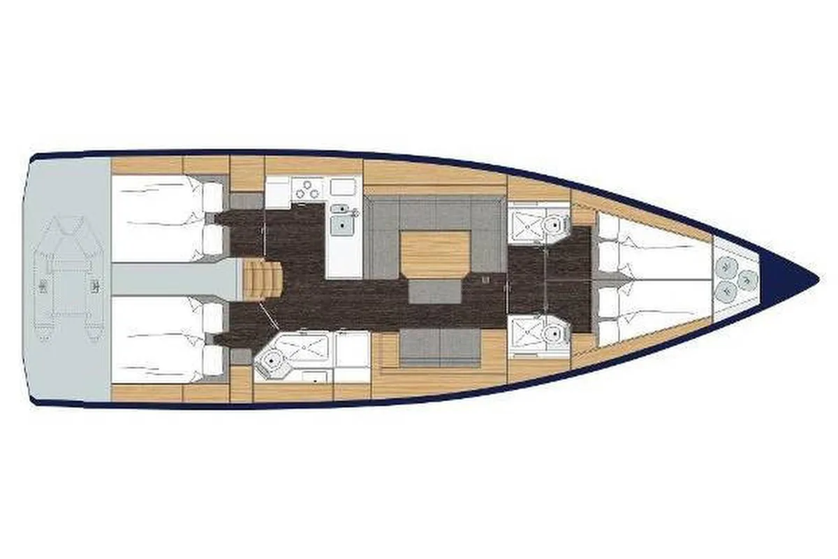 Floor plan of Checkmate, a Bavaria C45 sailboat at Capo d'Orlando, Italy