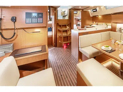 Salon of Checkmate, a Bavaria C45 sailboat at Capo d'Orlando, Italy