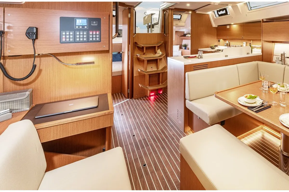 Salon of Checkmate, a Bavaria C45 sailboat at Capo d'Orlando, Italy