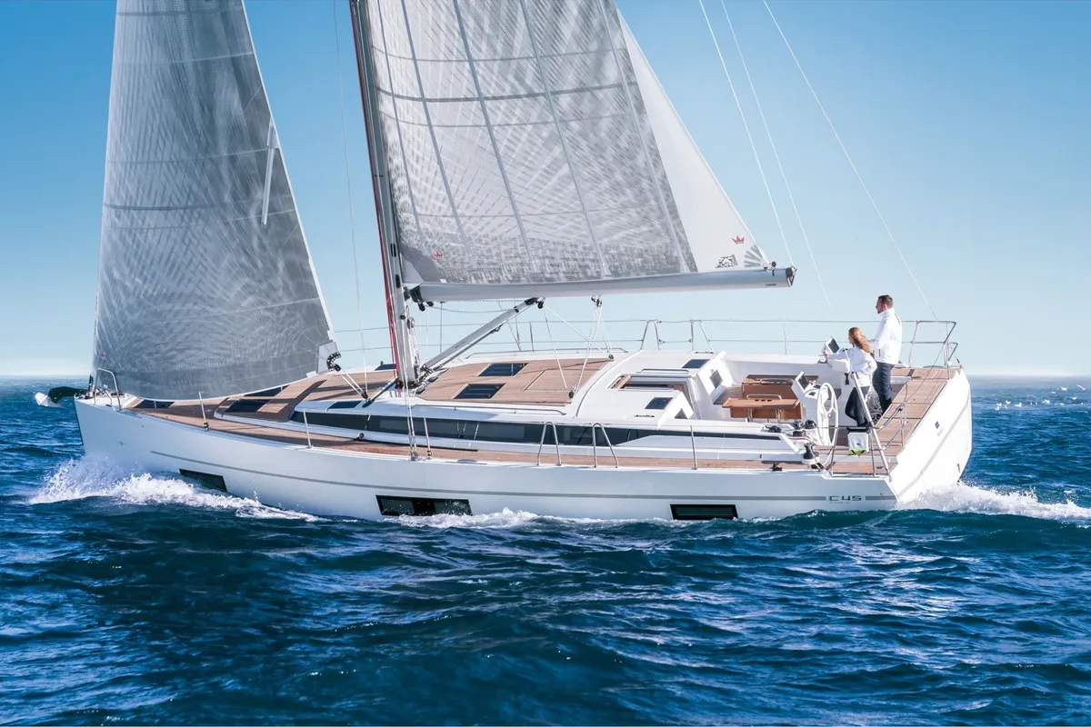 Exterior view of Checkmate, a Bavaria C45 sailboat at Capo d'Orlando, Italy