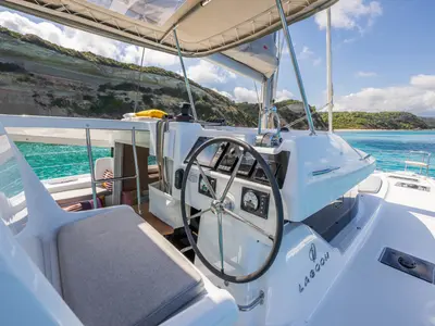 Cockpit of Coral, a Lagoon 38 catamaran at Split, Croatia