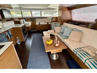 Salon of MY Z, a Fountaine Pajot Cumberland 47LC catamaran at Capo d'Orlando, Italy