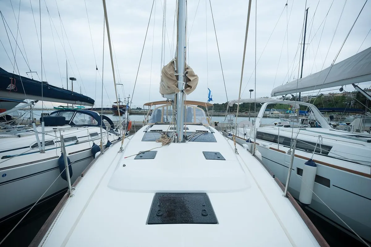 Deck of Anemos, a Dufour 410 GL sailboat at Sithonia Municipal Unit, Greece