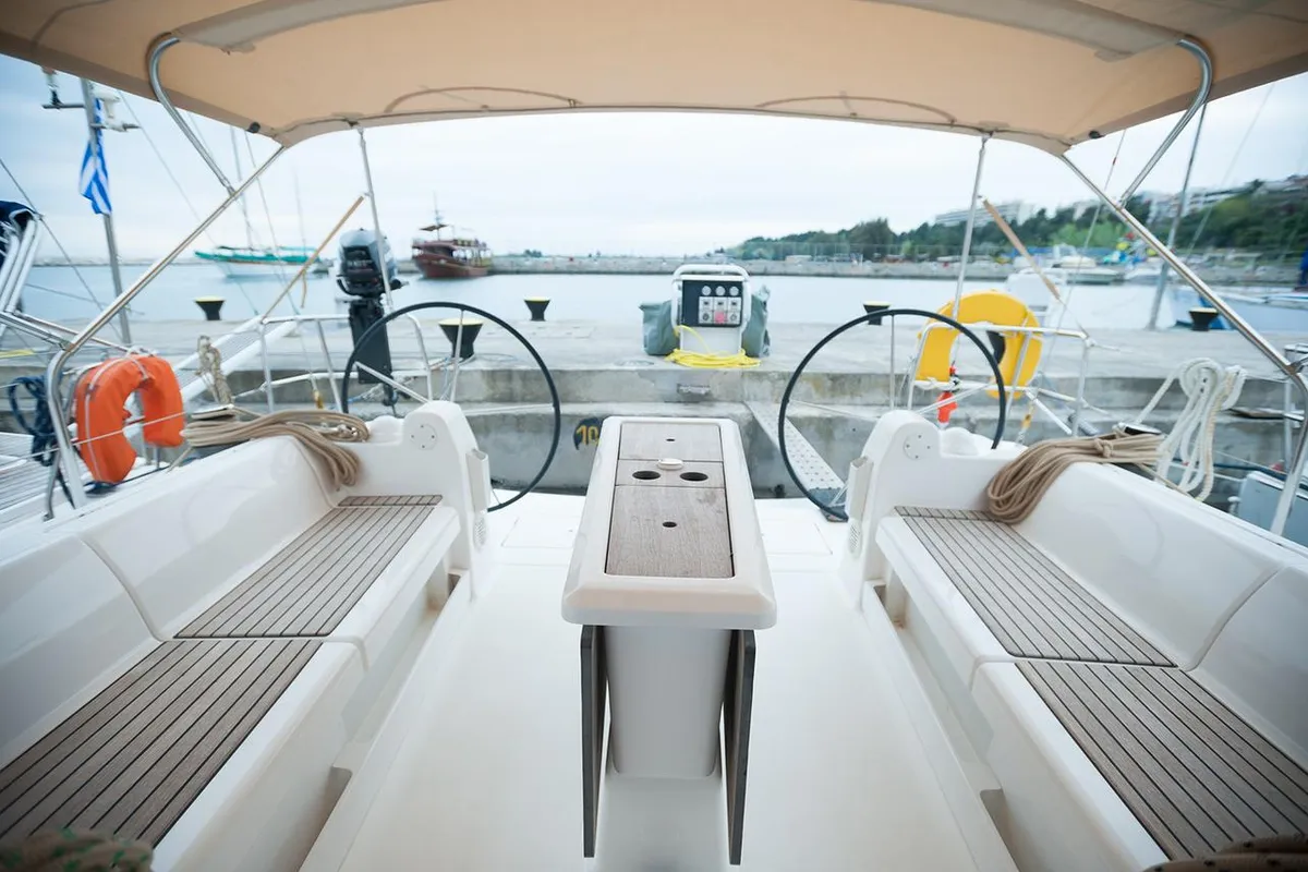 Cockpit of Anemos, a Dufour 410 GL sailboat at Sithonia Municipal Unit, Greece