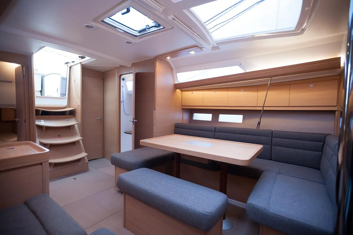 Salon of Anemos, a Dufour 410 GL sailboat at Sithonia Municipal Unit, Greece