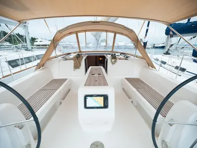 Cockpit of Anemos, a Dufour 410 GL sailboat at Sithonia Municipal Unit, Greece