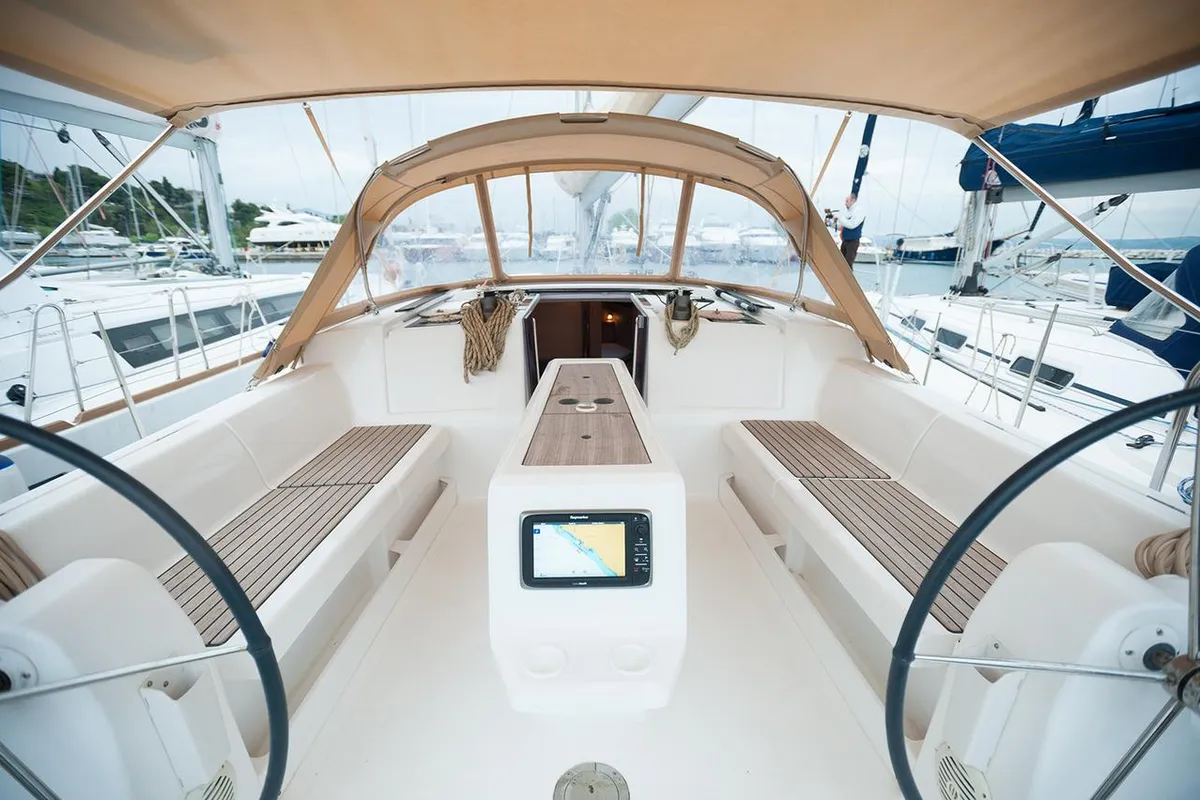 Cockpit of Anemos, a Dufour 410 GL sailboat at Sithonia Municipal Unit, Greece