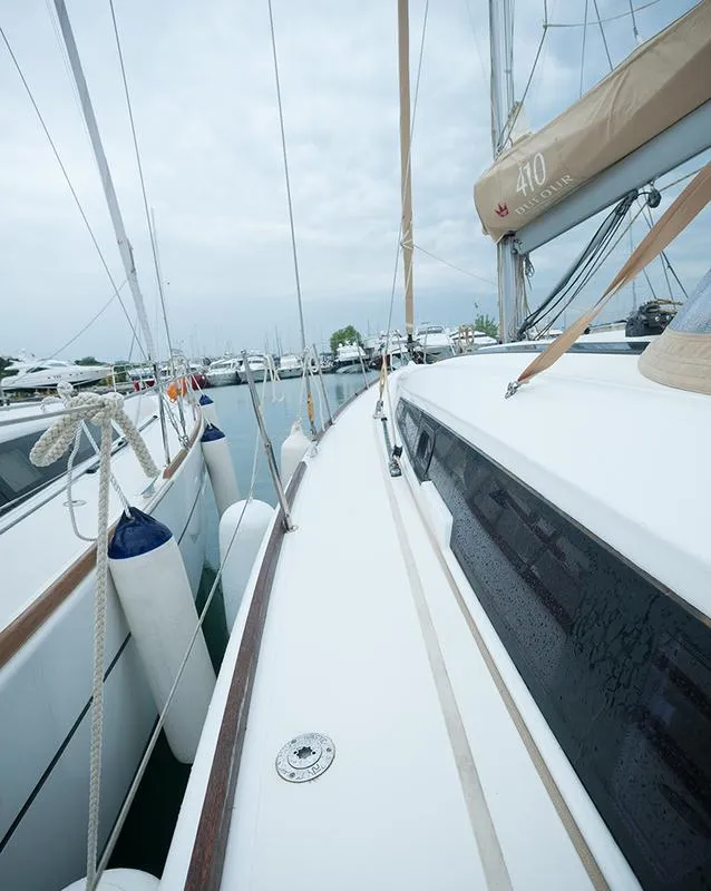 Deck of Anemos, a Dufour 410 GL sailboat at Sithonia Municipal Unit, Greece