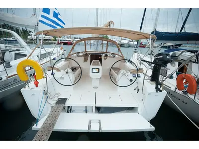 Cockpit of Anemos, a Dufour 410 GL sailboat at Sithonia, Greece