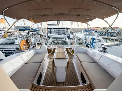 Cockpit of Helen, a Elan 45 sailboat at Municipal Unit of Lefkada, Greece