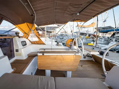 Deck of Helen, a Elan 45 sailboat at Municipal Unit of Lefkada, Greece