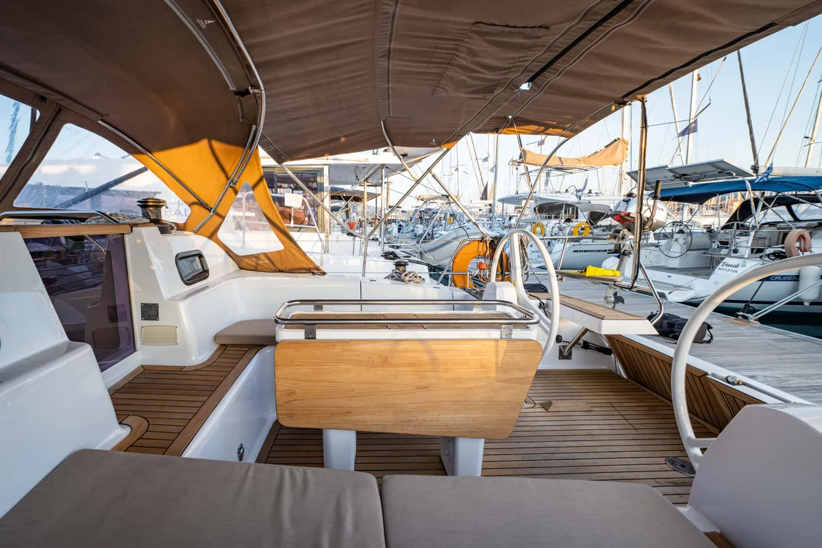 Deck of Helen, a Elan 45 sailboat at Municipal Unit of Lefkada, Greece