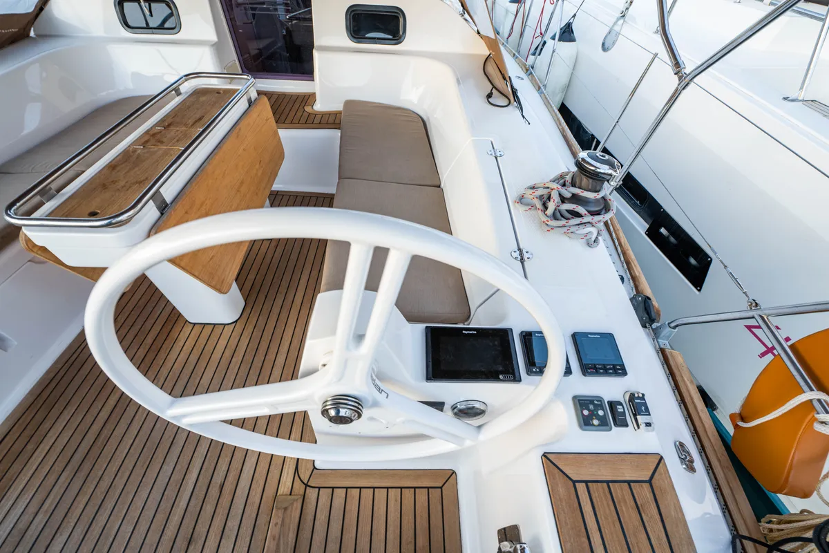 Cockpit of Helen, a Elan 45 sailboat at Municipal Unit of Lefkada, Greece