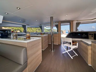 Cockpit of Atlantic, a Bali 4.6 catamaran at Figari/Golfo Aranci, Italy