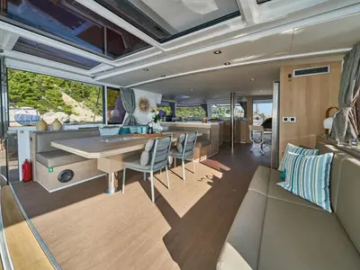 Salon of Atlantic, a Bali 4.6 catamaran at Figari/Golfo Aranci, Italy