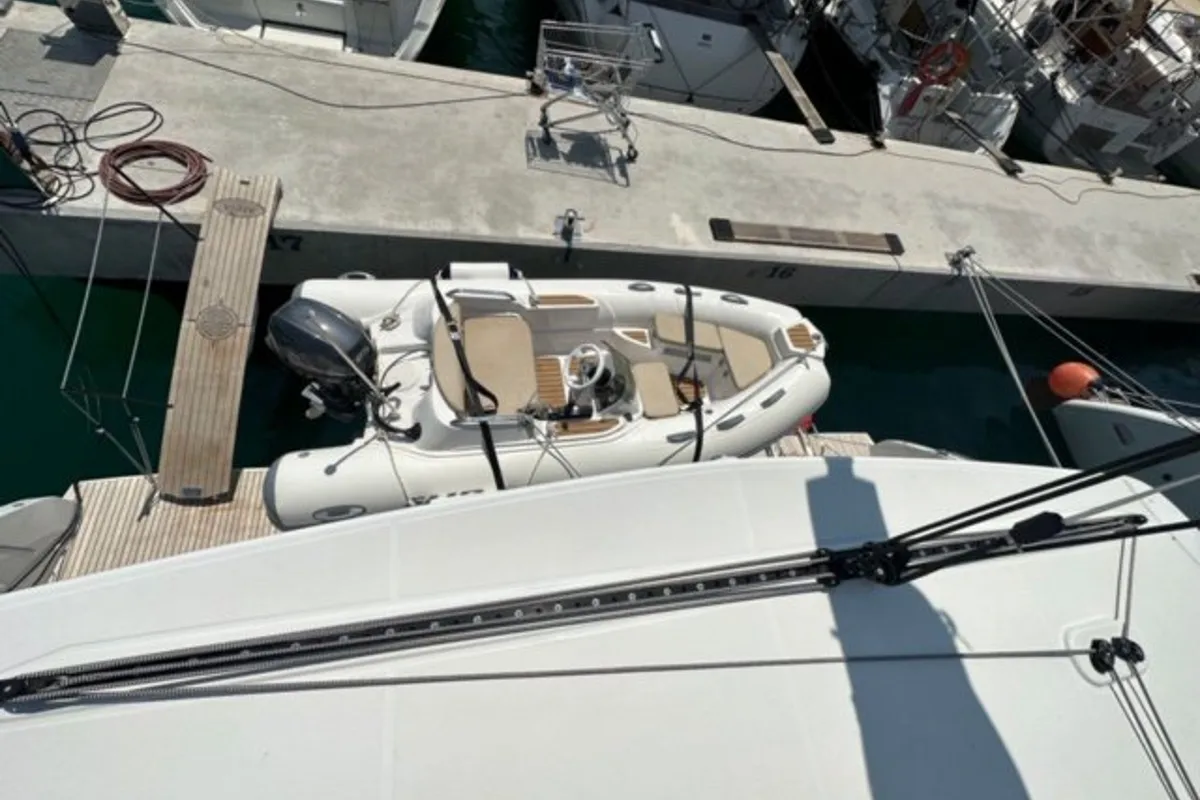 Exterior view of Mira, a Lagoon 46 catamaran at Sukošan, Croatia