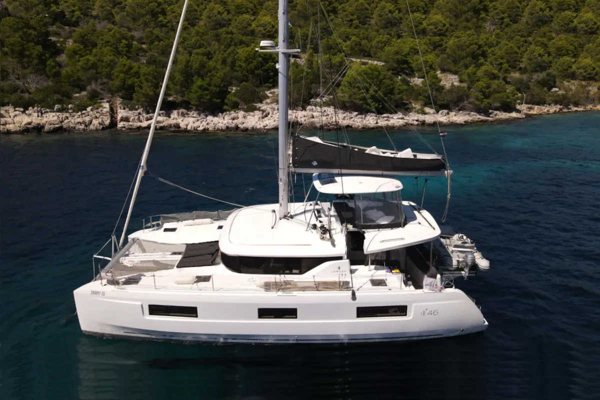 Exterior view of Mira, a Lagoon 46 catamaran at Sukošan, Croatia