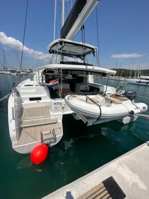 Exterior view of Mira, a Lagoon 46 catamaran at Sukošan, Croatia