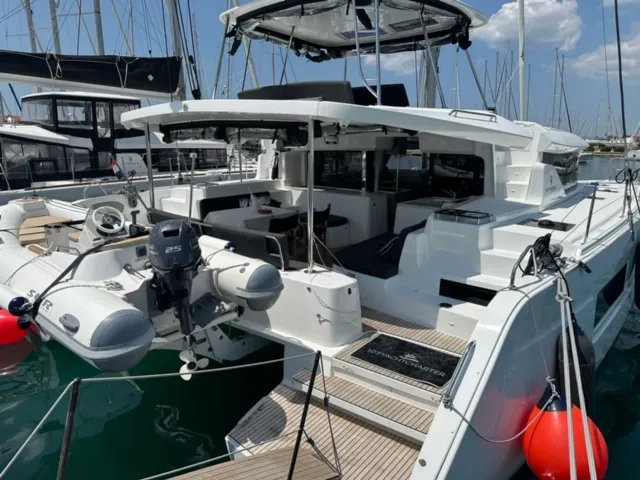 Exterior view of Mira, a Lagoon 46 catamaran at Sukošan, Croatia