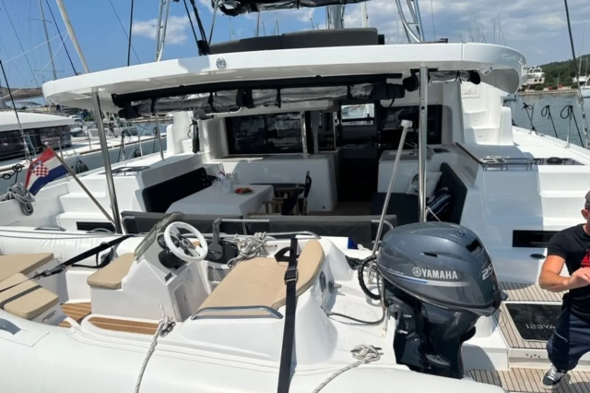 Exterior view of Mira, a Lagoon 46 catamaran at Sukošan, Croatia