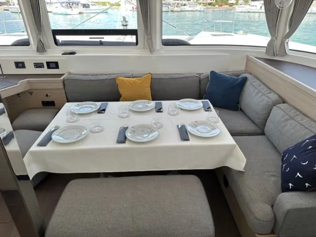 Salon of Mira, a Lagoon 46 catamaran at Sukošan, Croatia