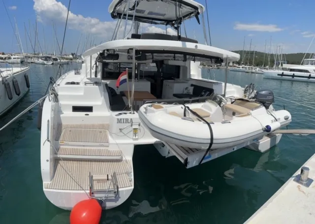 Exterior view of Mira, a Lagoon 46 catamaran at Sukošan, Croatia