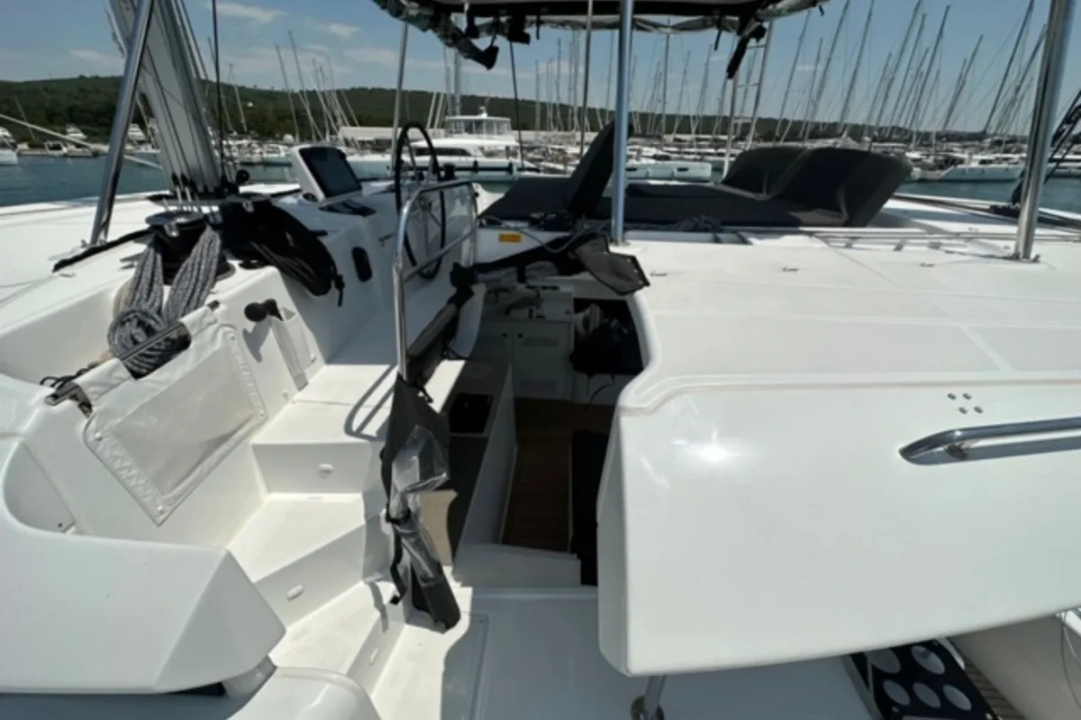 Cockpit of Mira, a Lagoon 46 catamaran at Sukošan, Croatia