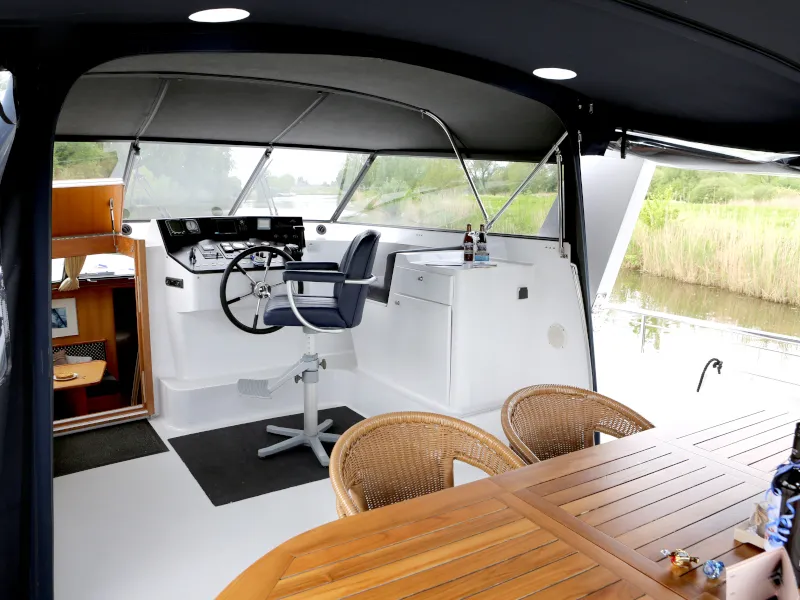 Cockpit of Royal, a Pacific Allure 155 motor yacht at Heukelum, Netherlands