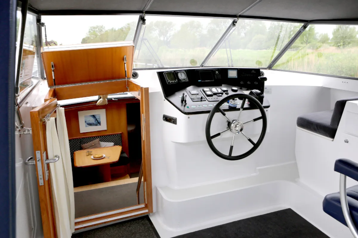 Cockpit of Royal, a Pacific Allure 155 motor yacht at Heukelum, Netherlands