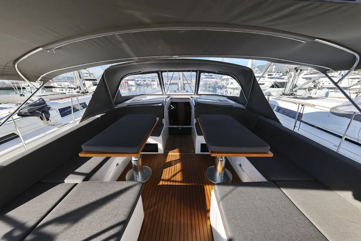 Deck of Vivid, a Hanse 510 sailboat at Grad Kaštela, Croatia