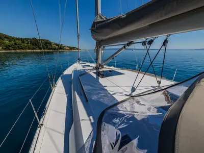 Deck of Vivid, a Hanse 510 sailboat at Grad Kaštela, Croatia