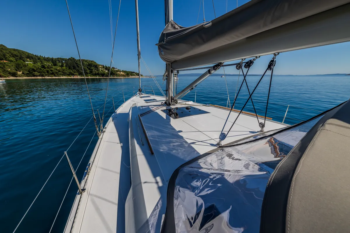 Deck of Vivid, a Hanse 510 sailboat at Grad Kaštela, Croatia