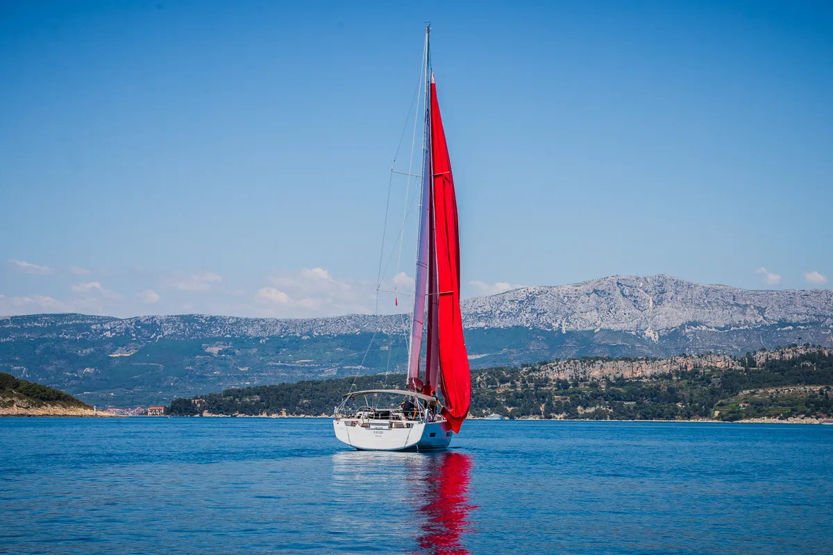 Exterior view of Vivid, a Hanse 510 sailboat at Grad Kaštela, Croatia