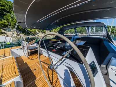 Cockpit of Vivid, a Hanse 510 sailboat at Grad Kaštela, Croatia