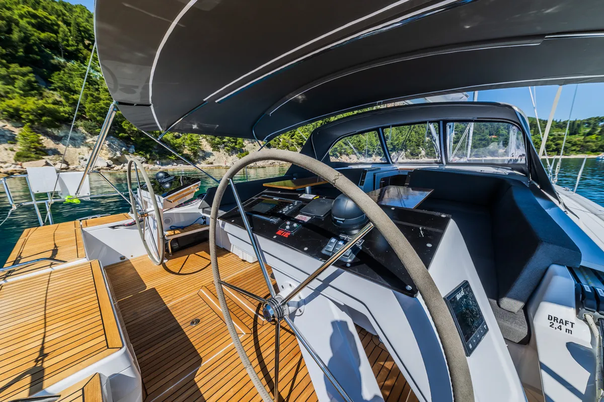 Cockpit of Vivid, a Hanse 510 sailboat at Grad Kaštela, Croatia