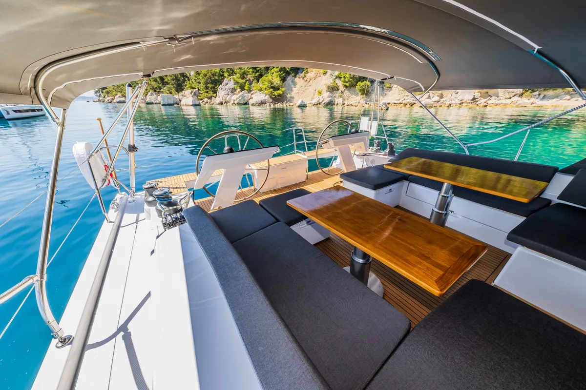 Deck of Vivid, a Hanse 510 sailboat at Grad Kaštela, Croatia