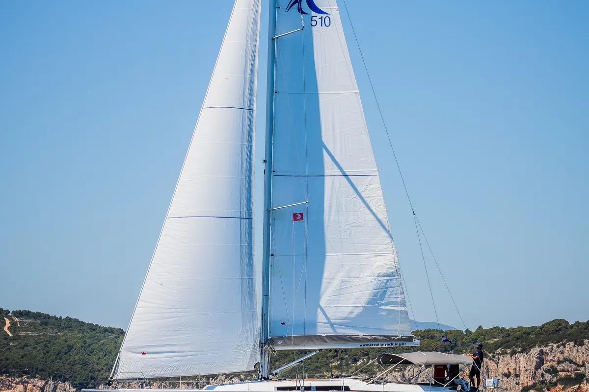 Exterior view of Vivid, a Hanse 510 sailboat at Grad Kaštela, Croatia