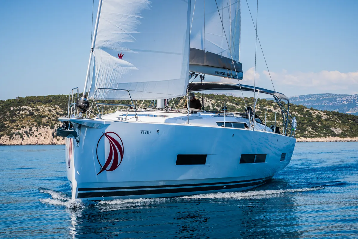 Exterior view of Vivid, a Hanse 510 sailboat at Grad Kaštela, Croatia